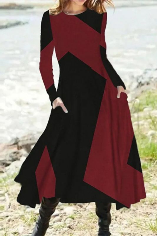 Women Graphics Print Long Sleeves O-neck Loose Maxi Dress