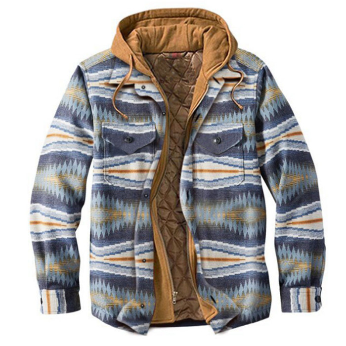 Men's Fashion Print Hooded Casual Thick Warm Zipper High Quality Cotton Coat