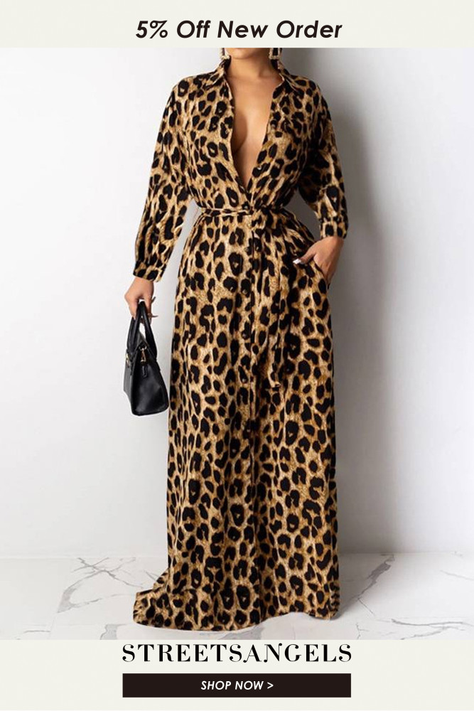 Elegant Leopard Print Fashion Bohemian Lapel Swing  Maxi Dress