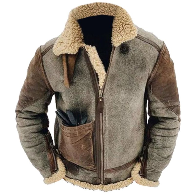 Men's Winter Vintage Warm Pocket Fleece Fur All-in-One Jacket