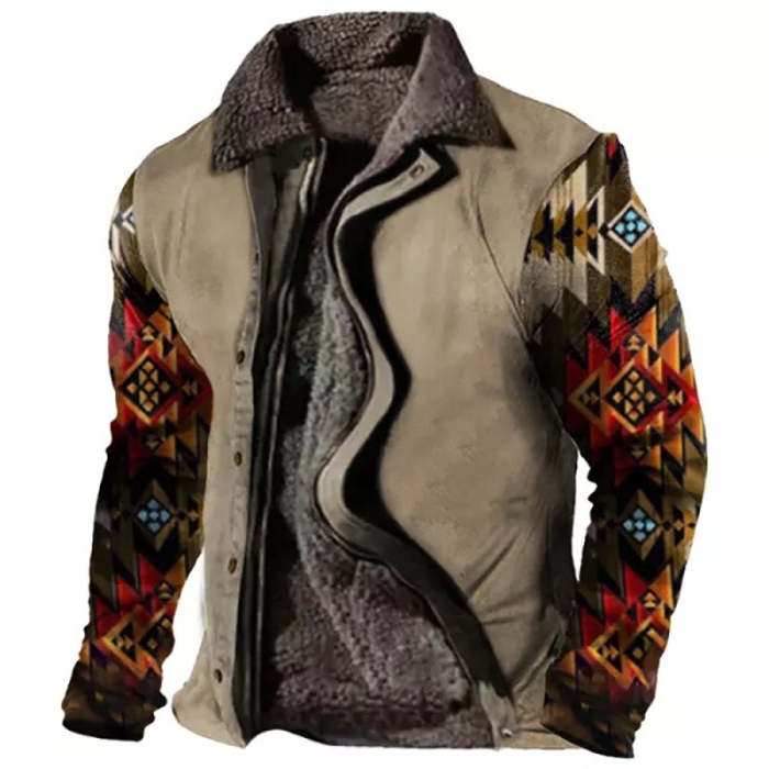 Mens Retro Lining Plus Fleece Zipper Jacket Tactical Print Coat