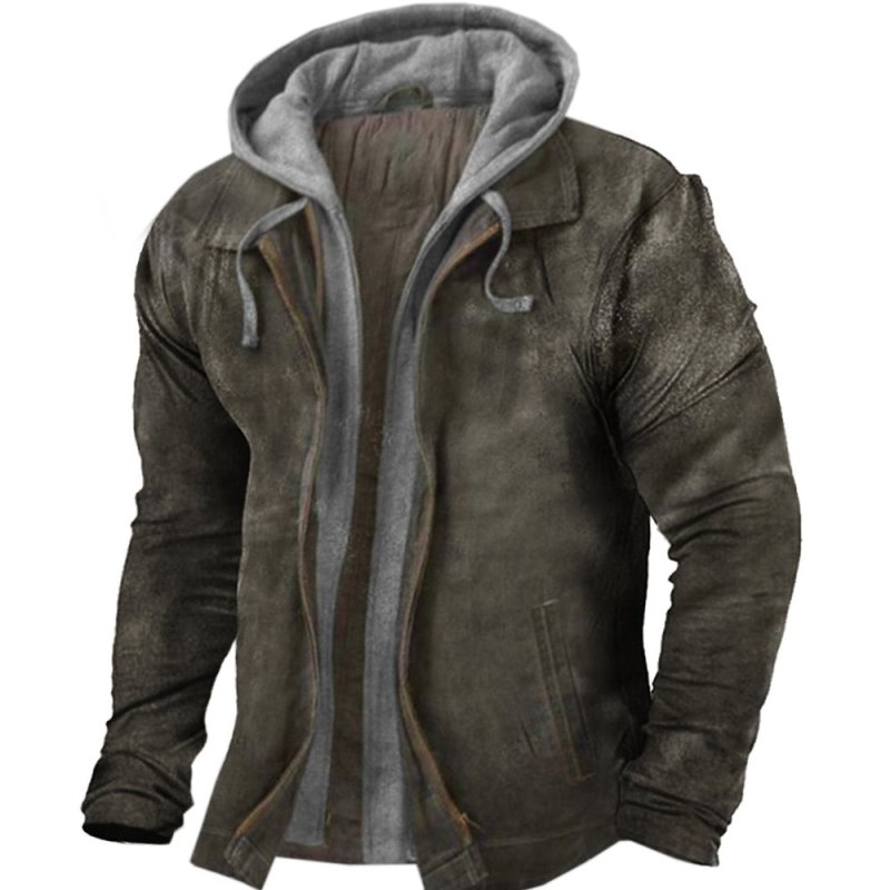 Men's Outdoor Vintage Fleece Patchwork Hooded Jacket