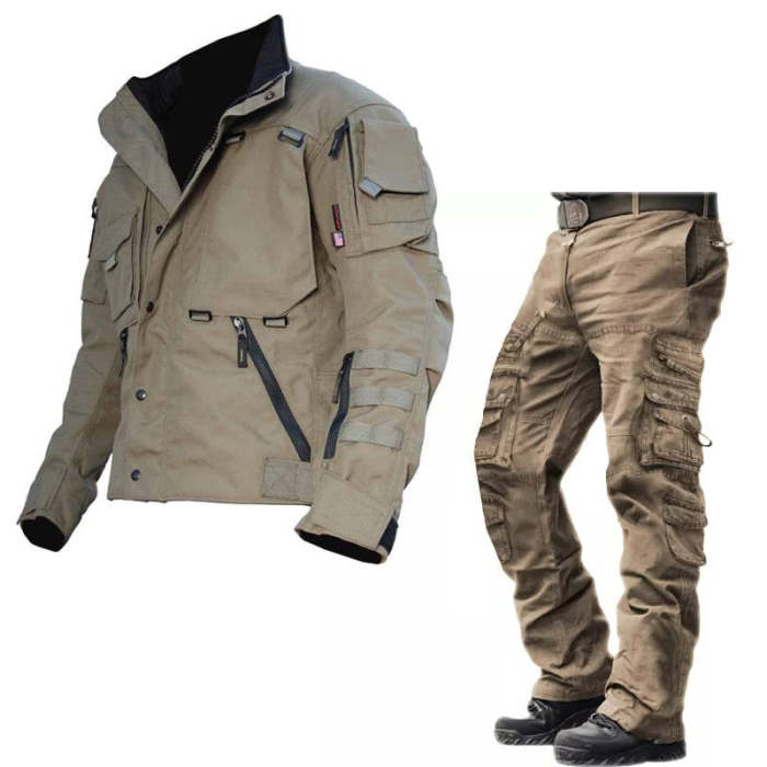Men's Outerwear Coat Stand Collar Zipper Pocket Jacket Two Pieces Pants Set