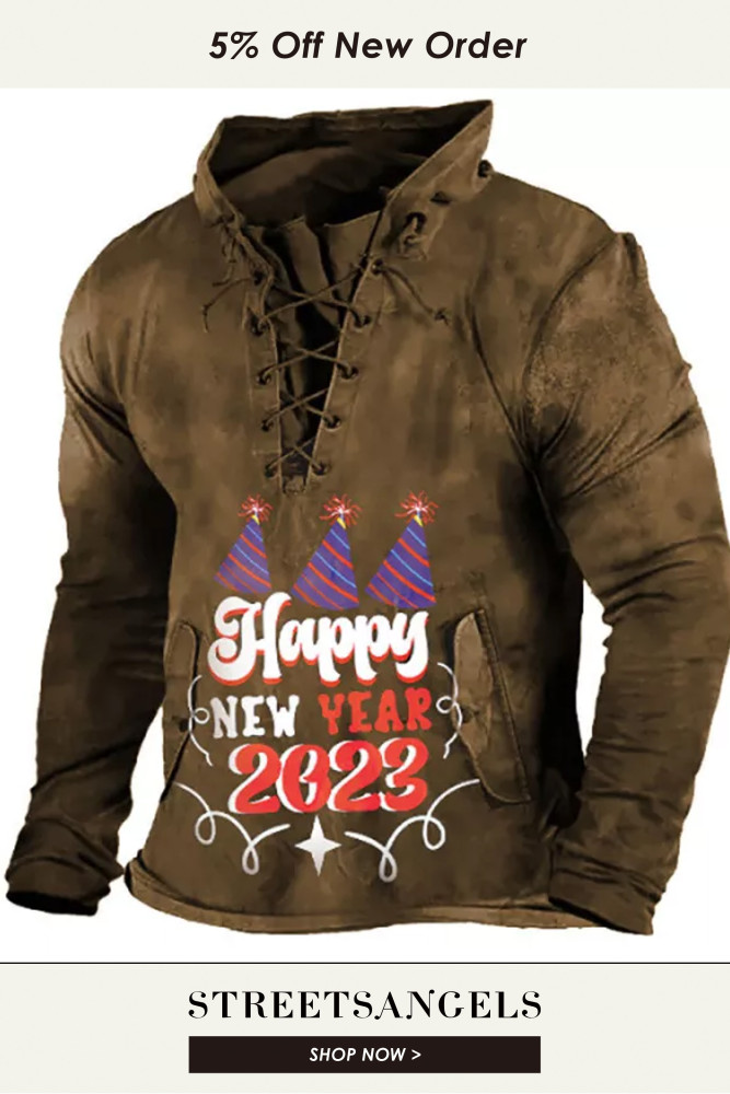 Men Vintage Lace-Up New Year Letter Graphic Printed Sweatshirt