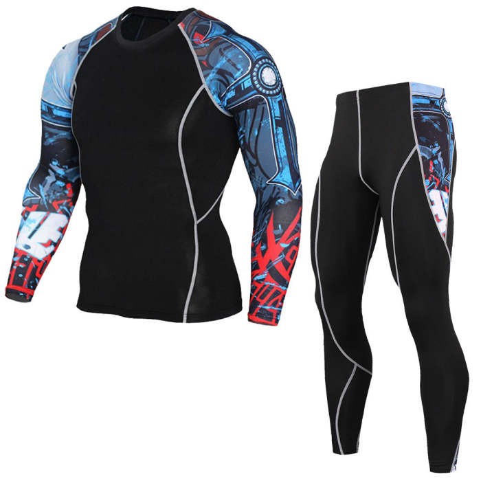 Mens 3D Tight Gym Sports Cycling T Shirt+Compression Quick-Drying Pants