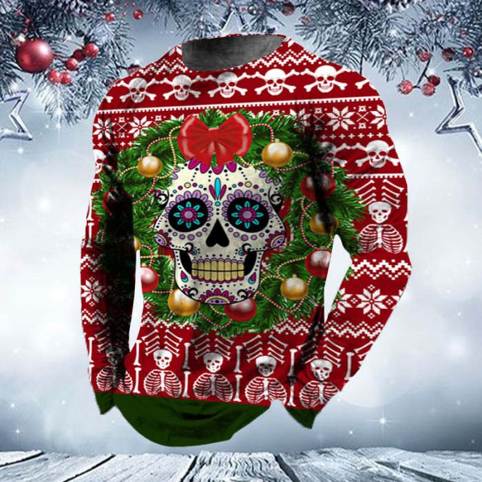 Men's Ugly Christmas Ethnic Skull Jingle Bells Printed Sweatshirts