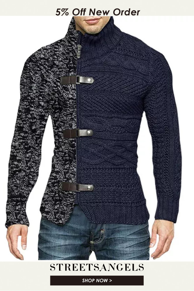 Men's Turtleneck Patchwork Long Sleeve Knit Sweater