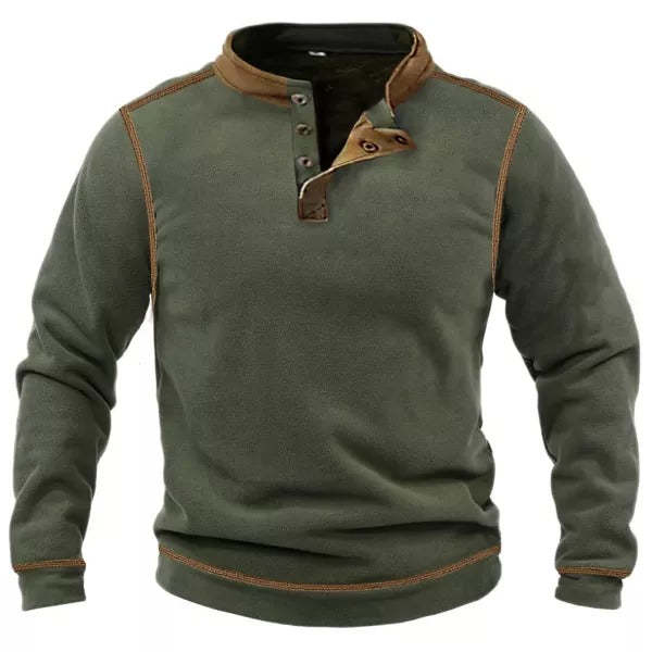 Men's Outdoor Warm Fleece Henley Collar Sweatshirt Washed Vintage Tie Tactical Classic Button-Down Pullover