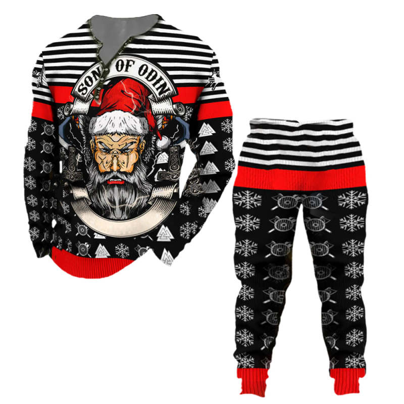 Men's Pullover Top Santa Claus Odin Ethnic Pattern Printed Long Sleeve Round Neck Shirt Two Piece Pants Set