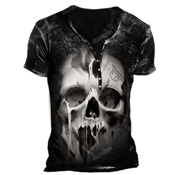 3D Skull Mens Henry-Neck Short Sleeve Pullover  T Shirts