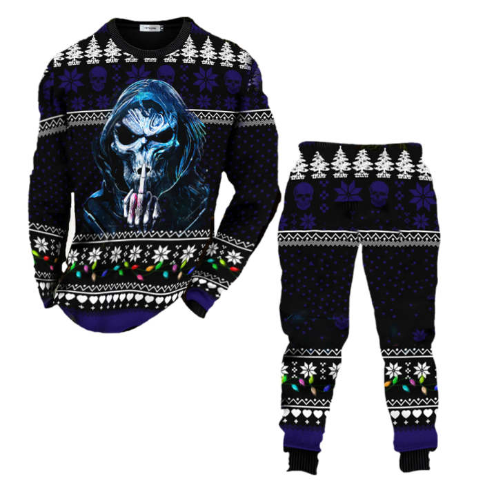 Men's Pullover Top Skull Ethnic Christmas Printed Long Sleeve Round Neck Shirt Two Piece Pants Set