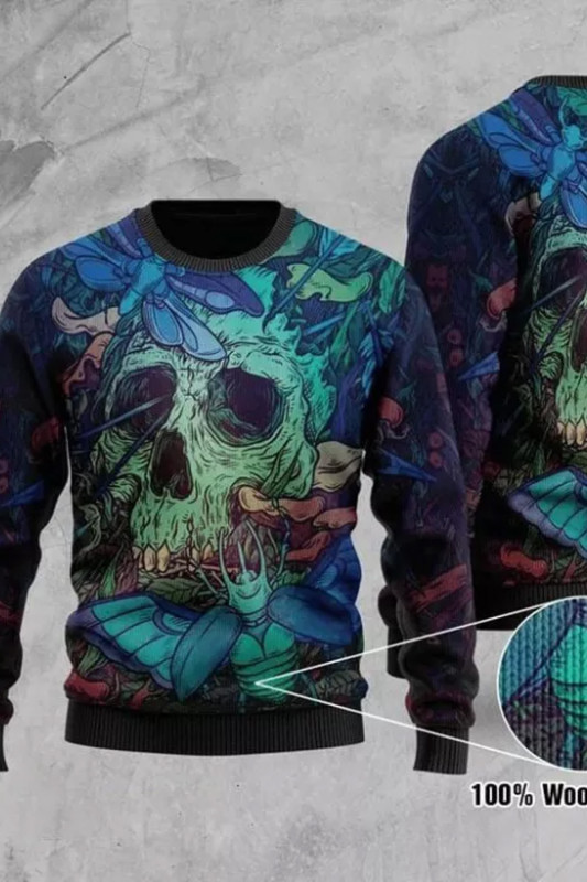 Men Ugly Christmas Sweater Skull Graphic Print Vintage Pullover Crew Neck Knitted Sweater