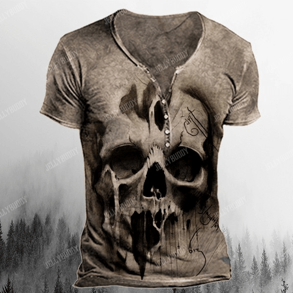 3D Skull Mens Henry-Neck Short Sleeve Pullover  T Shirts