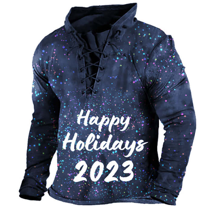 Mens Casual Star Christmas Letter Print Lace-Up Sweatshirt