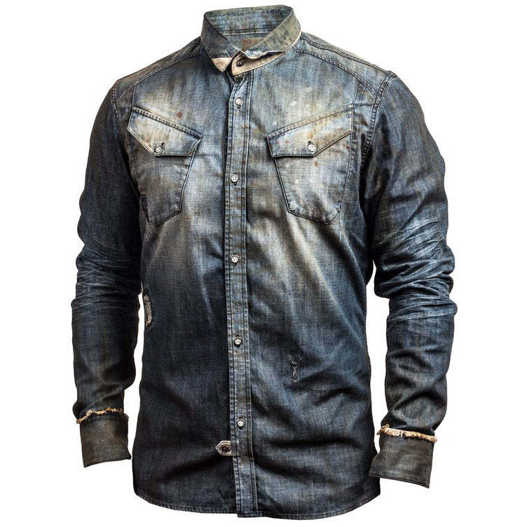 Mens Retro Casual Washed Denim Shirt