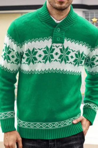 Men Ugly Christmas Sweater Button Collar Snowflake Graphic Long Sleeve Casual Pullover Crew Neck Knitted Sweater