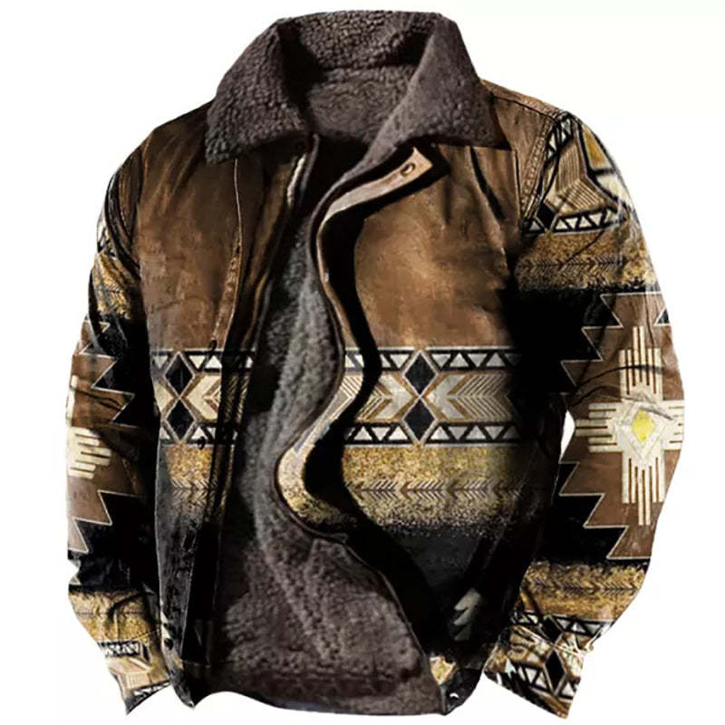 Men's Zipper Ethnic Print Turndown Collar Plush Double Layered Vintage Jacket