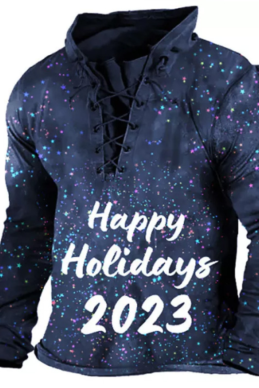 Mens Casual Star Christmas Letter Print Lace-Up Sweatshirt