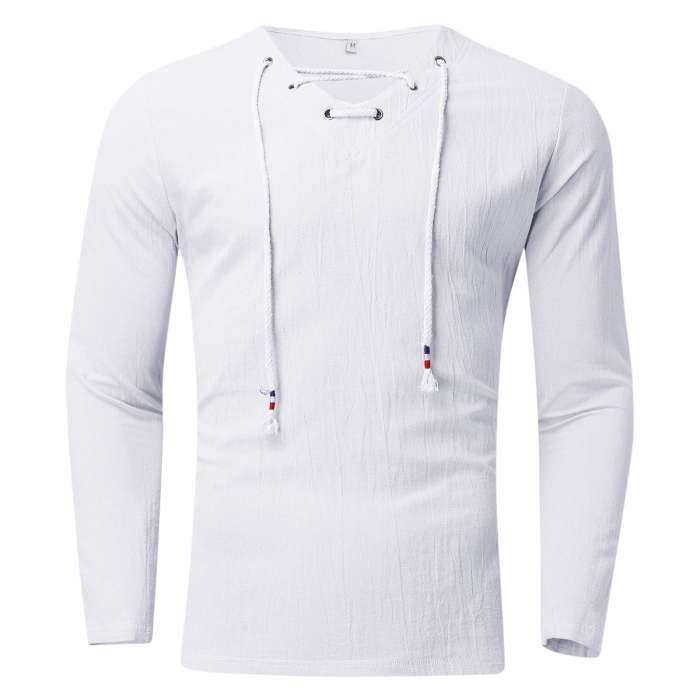 Men's Solid Color V-Neck Rope Long Sleeve T-Shirt