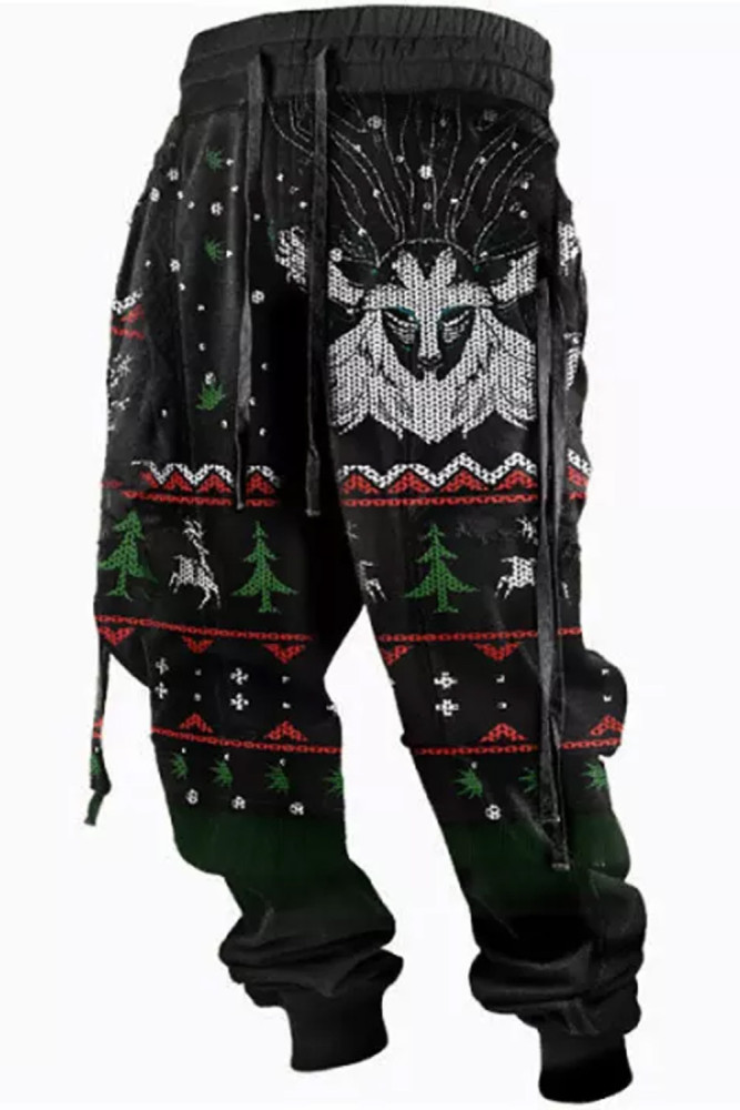 Mens Vintage Sporty Christmas Deer Print Elastic Jogger Pants