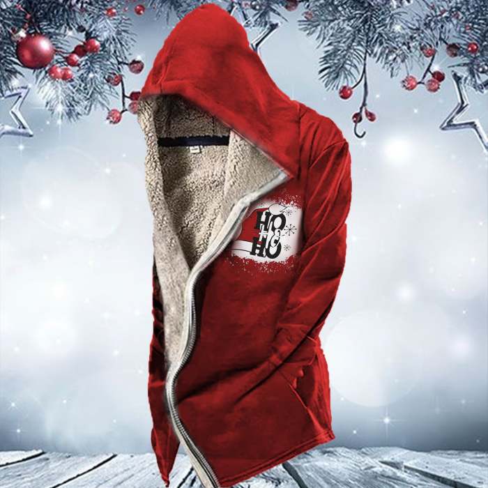 Men Christmas Plush Zipper Closure Snowflake Letter Print Coat