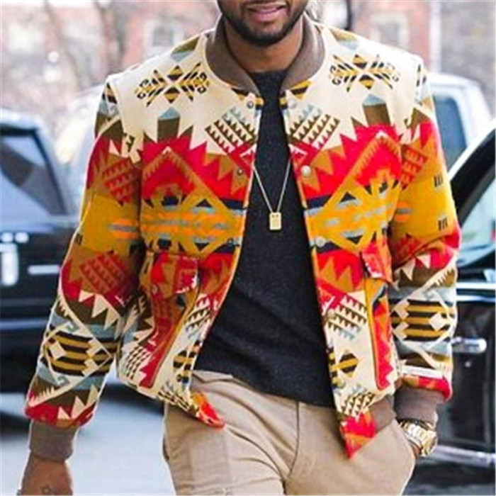 Men's Loose Round Neck Single Breasted Printed Fashion Jacket