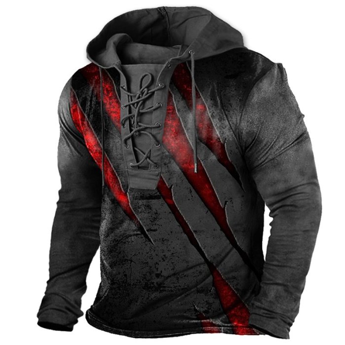 Men's Vintage Outdoor Tactical Lace-Up Hooded T-Shirt