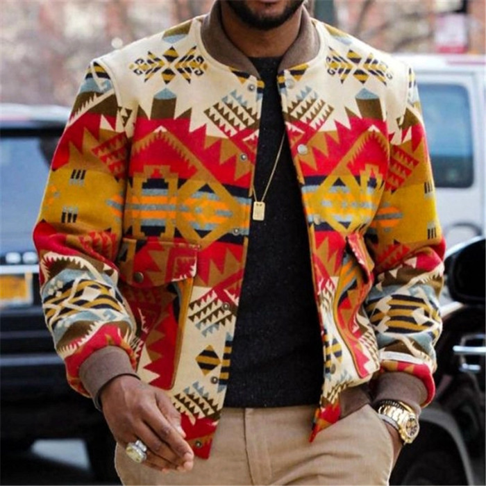 Men's Loose Round Neck Single Breasted Printed Fashion Jacket