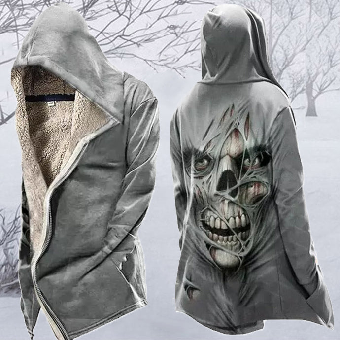 Mens vintage skull print tactical zip up hooded fleece jacket Clearance