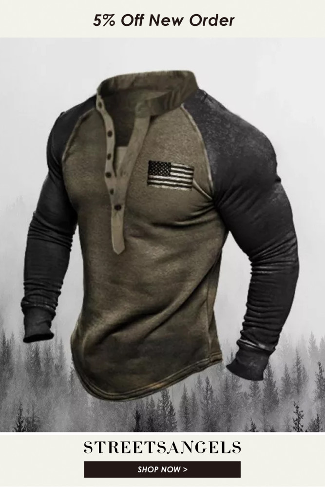 Mens Army Green Patchwork V-Neck Long Sleeve Pullover
