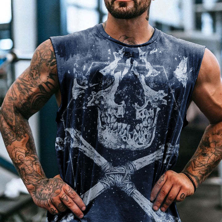 Men's Skull Retro Creative Print Sleeveless Fashion Casual T-Shirt