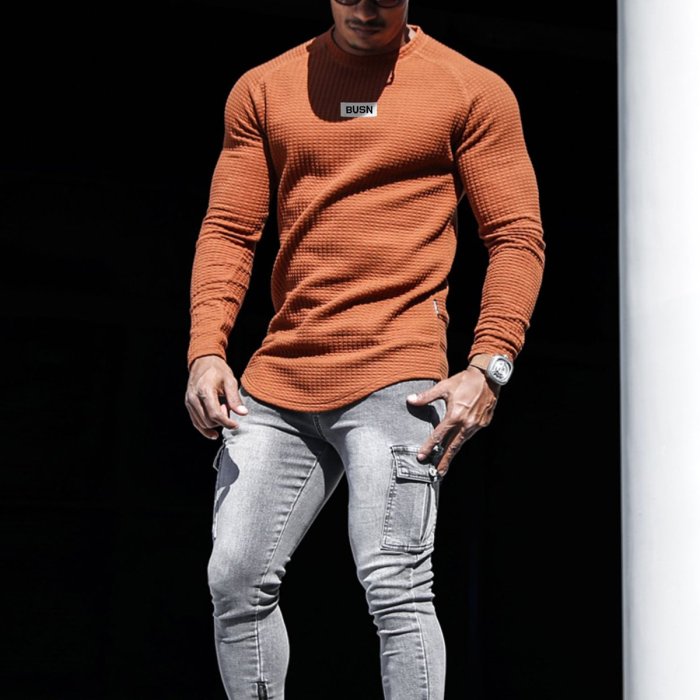 Men's Casual Slim Thick Tops Waffle Textured Long Sleeve T-Shirts Bottoming Shirts