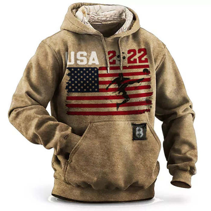 Men's Pullover Hoodie Soccer American Flag Printed Warm Sweatshirt