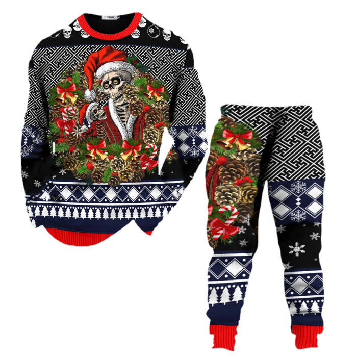 Men's Pullover Top Santa Skull Gift Tribal Pattern Printed Long Sleeve Round Neck Shirt Pants Matching Set