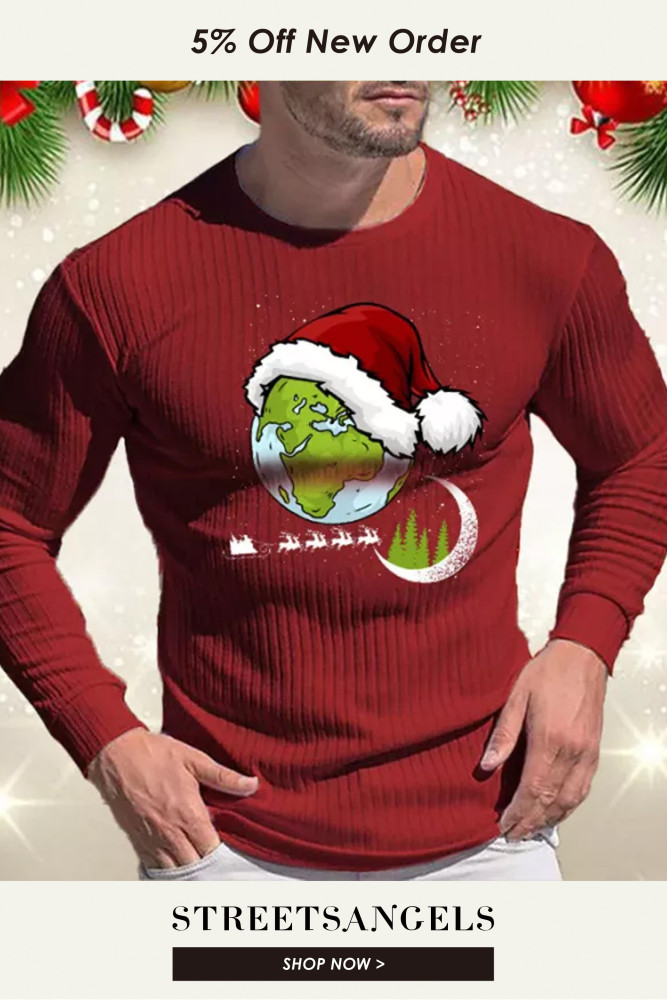 Mens Casual Christmas Earth Graphic Print Slim Ribbed Knit T Shirt