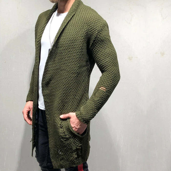 Men's Ripped Open Front Knit Casual Long Cardigan