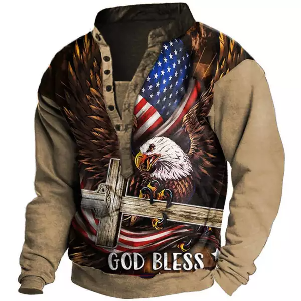 Men's Casual Shirt American Flag Eagle Print Zipper Plush Stand Collar Vintage Sweatshirt