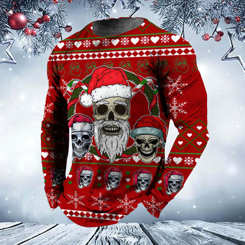 Men's Christmas Skulls Printed Crew Neck Long Sleeve T-Shirt