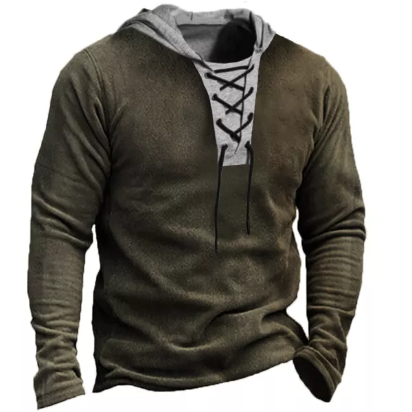 Men's Retro Casual Long Sleeve Lace Up Hooded Sweatshirt