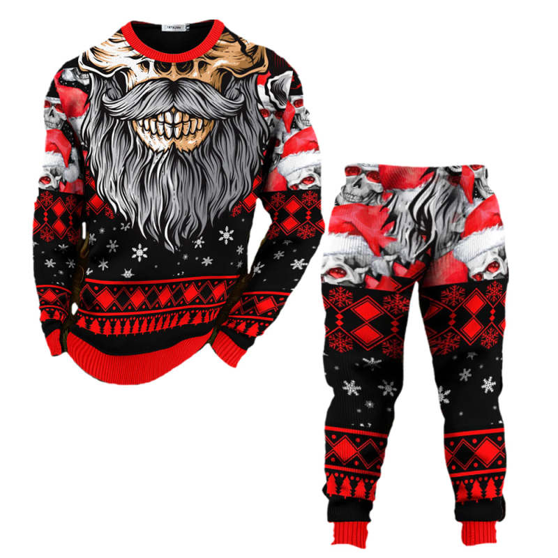 Men's Pullover Top Ethnic Pattern Beard Printed Round Neck Long Sleeve Shirt Pants Two Piece Set