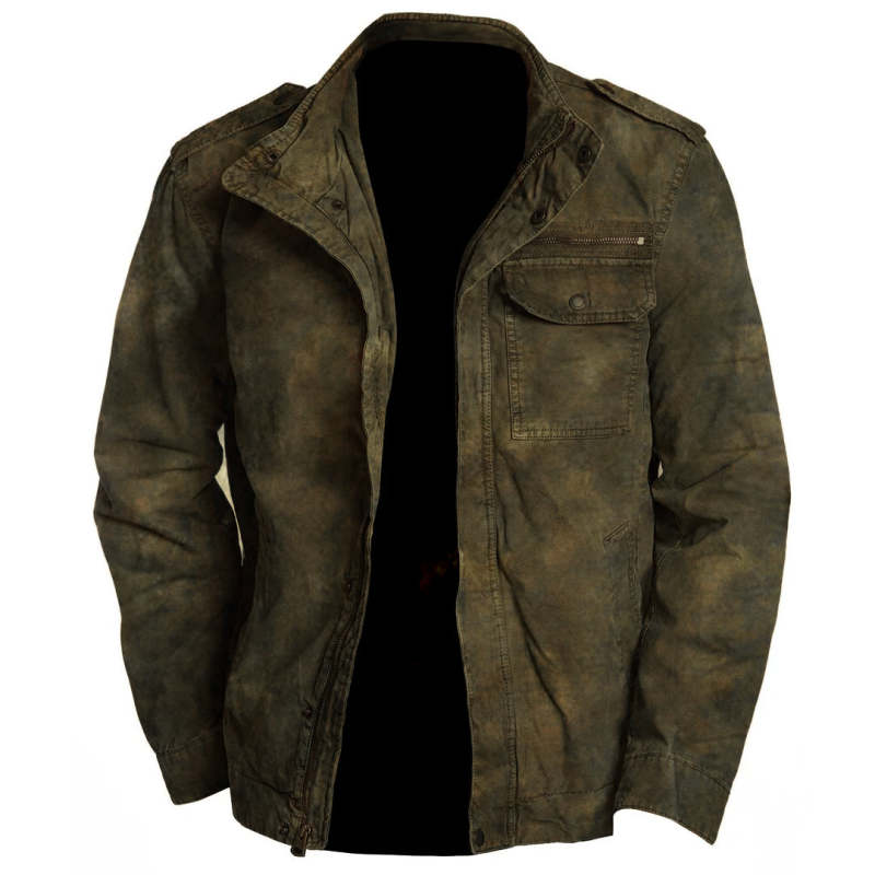 Men Turndown Collar Coat Long Sleeve Pocket Zipper Vintage Outdoor Jacket
