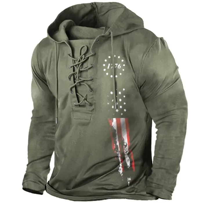 Mens Outdoor Vintage Tie National Flag Tactical Classic Long Sleeve Hooded