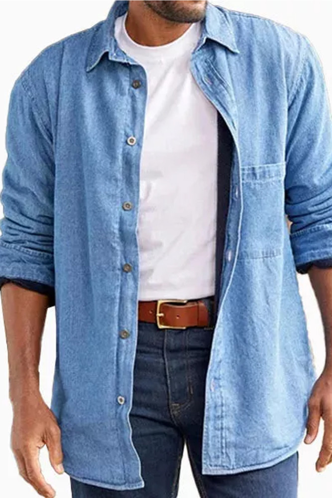Men Denim Jacket Button Up Closure Pocket Lapel Casual Vintage Shirt