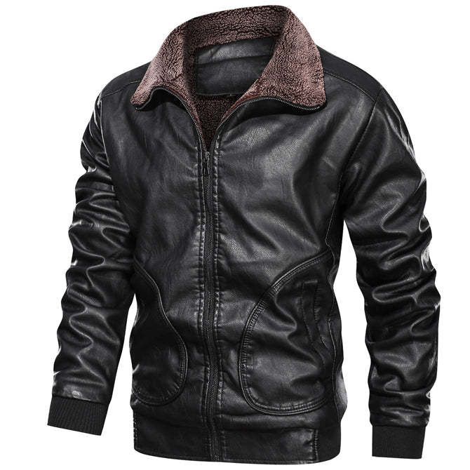 Men's Retro Thermal Fleece Thick Lapel Leather Jacket