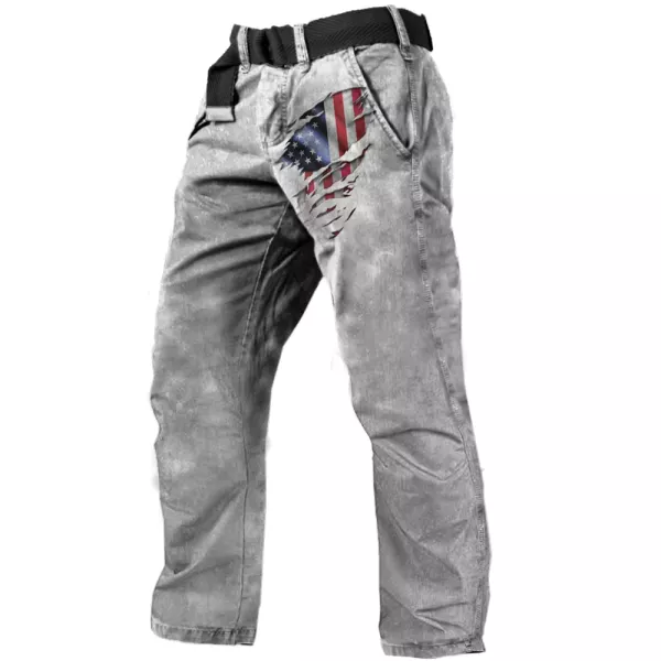 Men Vintage American Flag Print Folds Pocket Casual Trousers