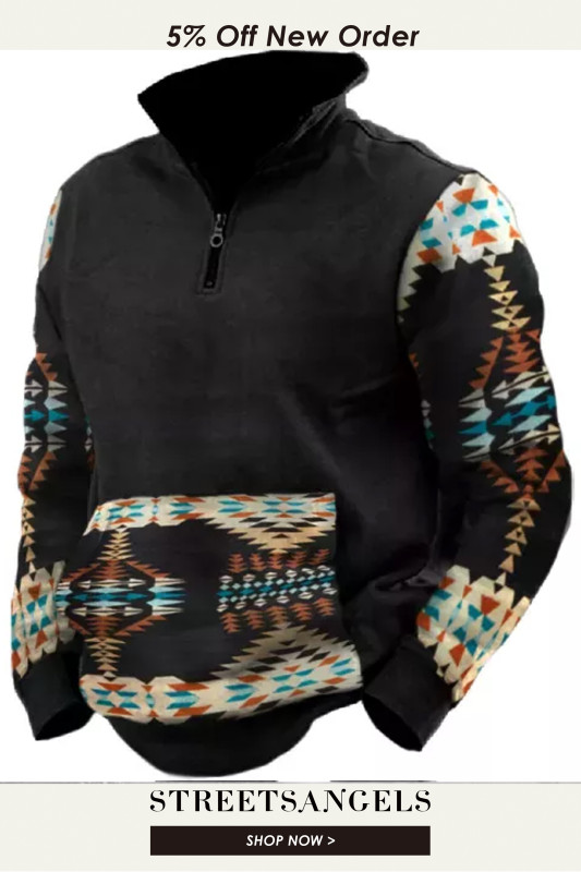 Men's Tribal Print Boho Style Zipper Stand Collar Pocket Sweatshirt