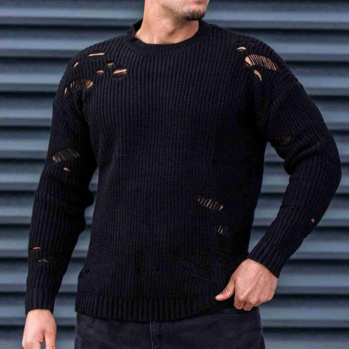 Men's Distressed Ripped Round Neck Long Sleeve Sweater