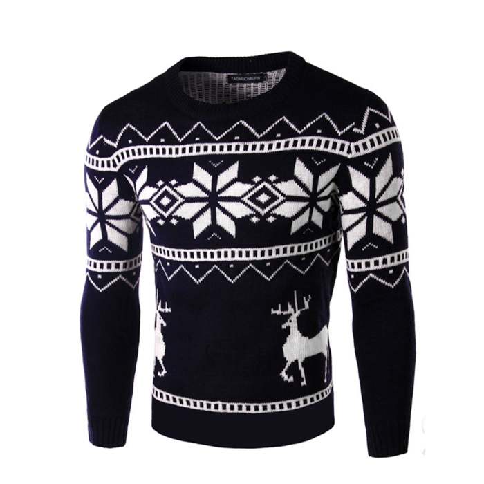 Men Ugly Christmas Sweater Elk Snow Printed Casual Pullover Crew Neck Knitted Sweater