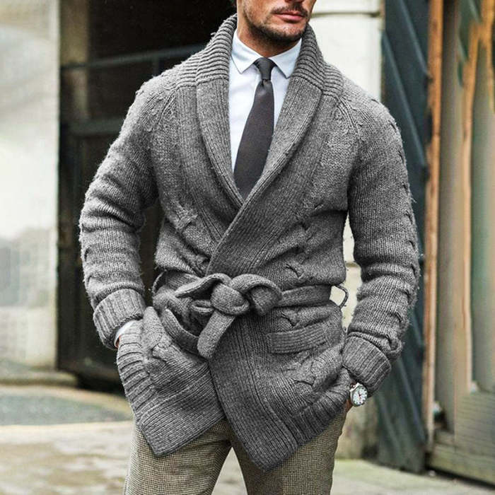 Mens Lapel Belted Coat Knit Outwear Chunky Cardigan