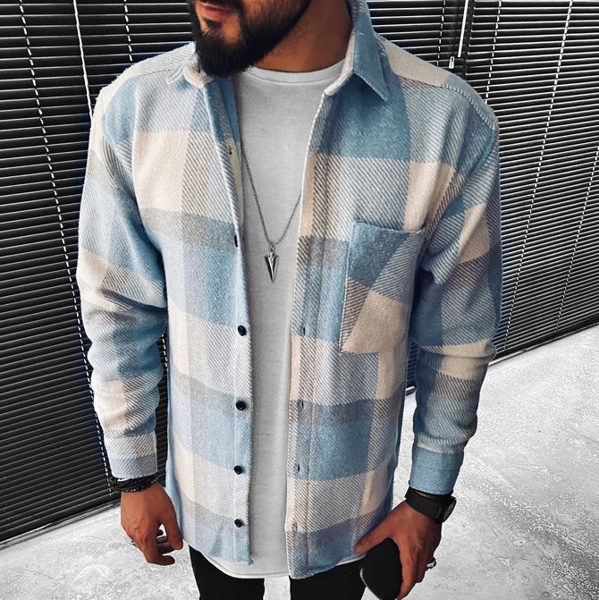 Men's Flannel Plaid Checked Textured Shacket Jacket